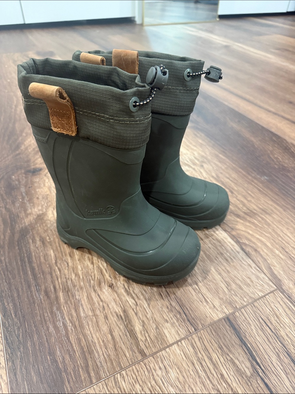 Kamik Kids Dark Olive Green Rain Boots with Brown Pull Tabs